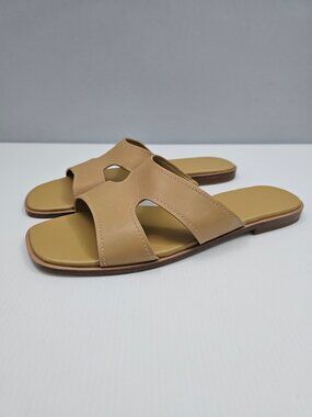 Vince Meyers Slide Sandal Size 9.5 Tan Beige Leather Cutout Flat Slip On Minimal
